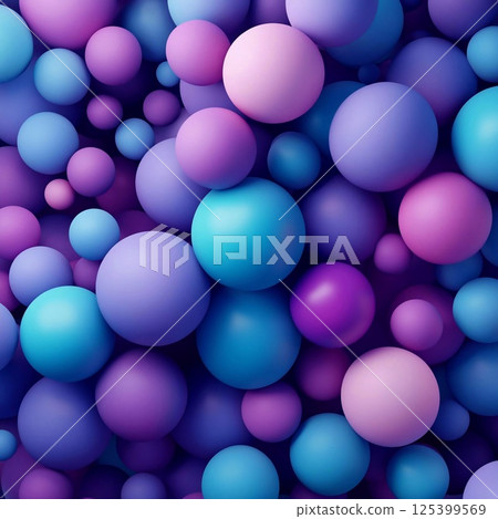 Various sized colorful matte spheres densely filling the space in a purple and blue palette. Generative AI 125399569