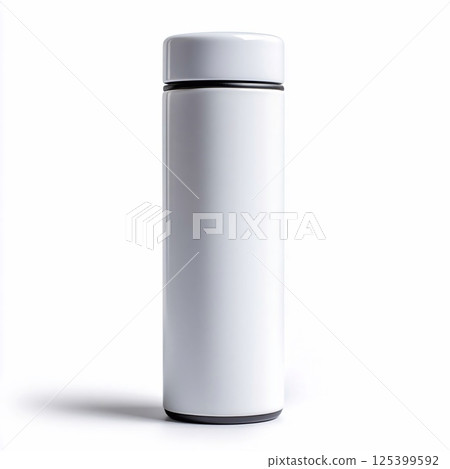 White metal thermos of cylindrical shape for beverages on a clean white background. Generative AI 125399592