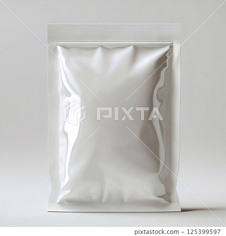 Simple white rectangular plastic bag with zipper closure on a light plain background. Generative AI 125399597