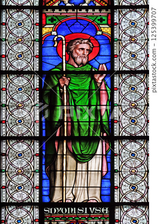 Saint Denis, stained glass windows in the Saint Germain des Pres Church, Paris, France Saint Denis, stained glass windows in the Saint Germain des Pres Church, Paris, France 125399707
