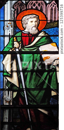 Saint Paul, stained glass window in Saint Severin church in Paris, France 125399716