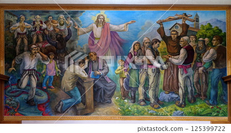 The altarpiece shows the faith of the Albanian people in Jesus Christ in Mother Teresa cathedral in Vau i Dejes, Albania 125399722