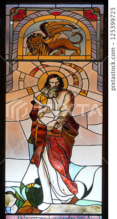 Saint Mark the Evangelist, stained glass window in Mother Teresa cathedral in Vau i Dejes, Albania Saint Mark the Evangelist, stained glass window in Mother Teresa cathedral in Vau i Dejes, Albania 125399725