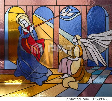 Annunciation of the Virgin Mary stained glass window in Mother Teresa cathedral in Vau i Dejes, Albania 125399728