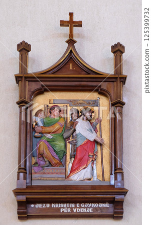 1st Stations of the Cross, Jesus is condemned to death, Mother Teresa cathedral in Vau i Dejes, Albania 125399732