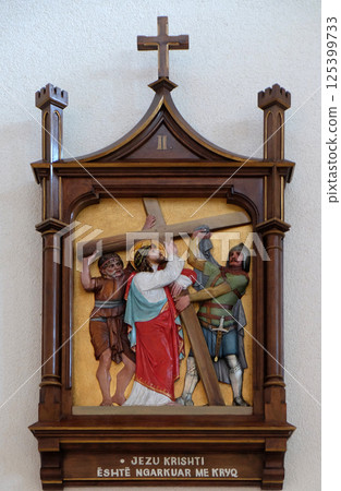 2nd Stations of the Cross, Jesus is given his cross, Mother Teresa cathedral in Vau i Dejes, Albania 125399733