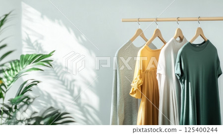 Four light and colorful garments hang neatly on wooden hangers against a sunlit background 125400244