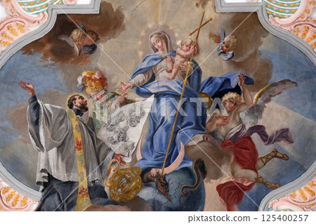 St. Francis before the Mother of God, fresco on the ceiling of the Jesuit church of St. Francis Xavier in Lucerne, Switzerland St. Francis before the Mother of God, fresco on the ceiling of the Jesuit church of St. Francis Xavier in Lucerne, Switzerland 125400257