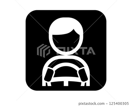 Square simple monochrome illustration icon of a person holding a car steering wheel 125400305