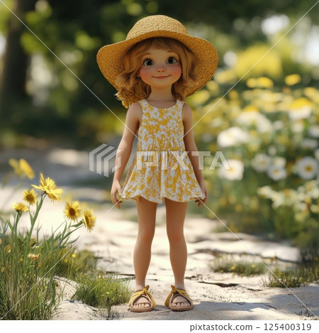 A smiling cartoon-style girl in a yellow floral dress and sun hat stands on a garden 125400319