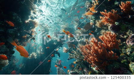 Sunlight pierces through crystal-clear water, illuminating a vibrant coral reef teeming with colorful fish and diverse marine life 125400335