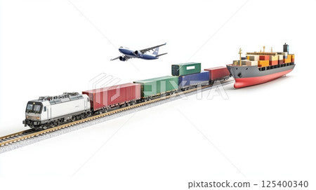 A freight train, cargo ship, and airplane illustrate global transportation logistics A freight train, cargo ship, and airplane illustrate global transportation logistics 125400340