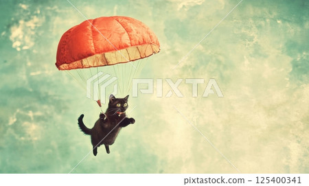 A whimsical black cat with wide eyes is floating in the sky under an orange parachute 125400341