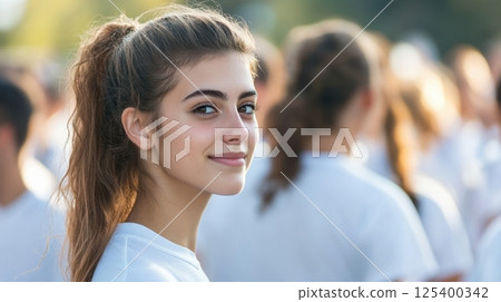A young woman with a high ponytail and confident smile stands out in a crowd 125400342