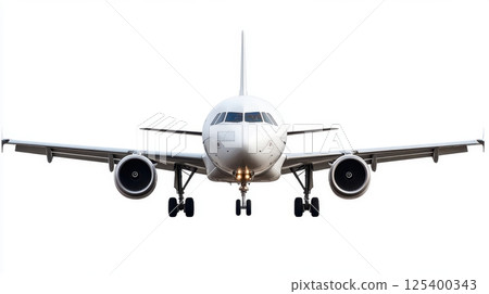 A commercial airplane is captured head-on in mid-flight with landing gear down, isolated against a white background 125400343
