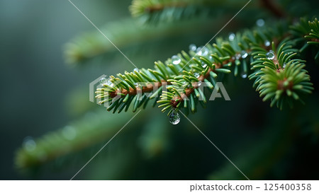 Evergreen Branch with Water Droplets Close-up View 125400358