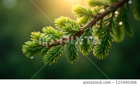Delicate Fir Branch with Dewdrops in Soft Light 125400366