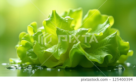 Fresh Green Lettuce with Water Droplets Close-up 125400394