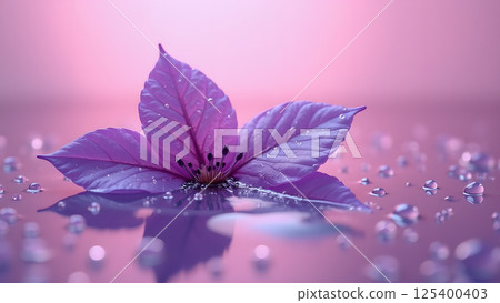 Tranquil Violet Blossom Reflecting in Dewy Stillness Tranquil Violet Blossom Reflecting in Dewy Stillness 125400403