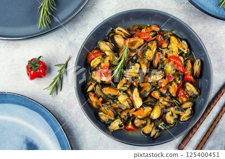 Fresh cooked mussels. Fresh cooked mussels. 125400451