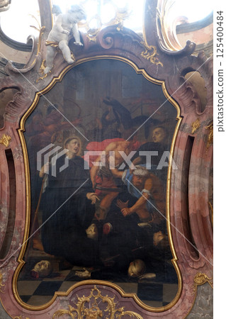 Altar dedicated to the Bishops of Verden Suitbert, Patto and Issinger in Benedictine monastery church in Amorbach, Germany 125400484