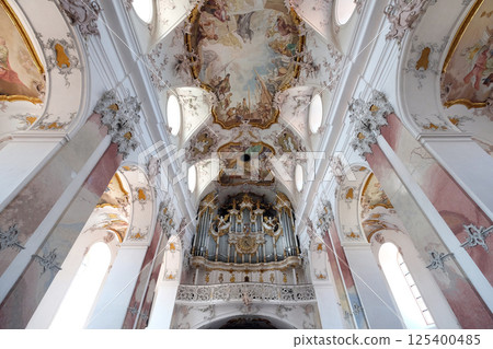 Organ in Amorbach Benedictine monastery church in the district of Miltenberg in Lower Franconia in Bavaria, Germany 125400485