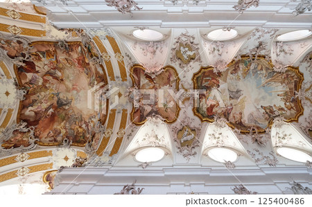 Fresco painting on the ceiling in Amorbach Benedictine monastery church in the district of Miltenberg in Lower Franconia in Bavaria, Germany 125400486