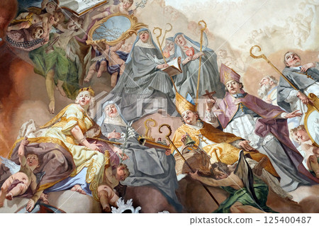 Last Judgment and Glorification of the Benedictine Order, detail of fresco by Matthaus Gunther in Benedictine monastery church in Amorbach, Germany Last Judgment and Glorification of the Benedictine Order, detail of fresco by Matthaus Gunther in Benedictine monastery church in Amorbach, Germany 125400487