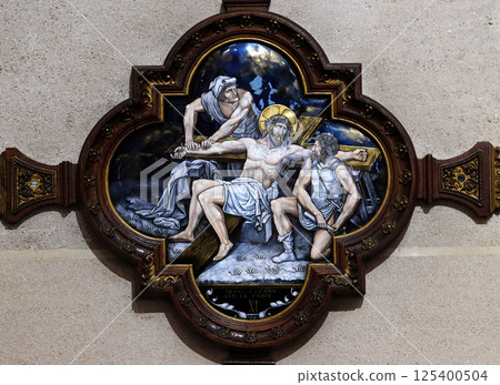 11th Stations of the Cross, Crucifixion: Jesus is nailed to the cross, St Francis Xavier's Church in Paris, France 11th Stations of the Cross, Crucifixion: Jesus is nailed to the cross, St Francis Xavier's Church in Paris, France 125400504