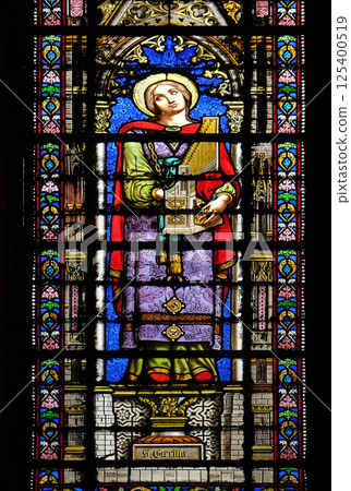 Saint Cecilia, stained glass window in the Basilica of Saint Clotilde in Paris, France 125400519