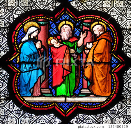 Presentation in the Temple, stained glass window in the Basilica of Saint Clotilde in Paris, France 125400529