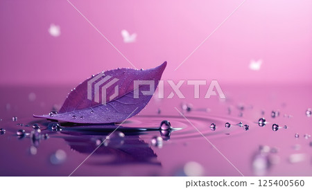 Leaf Adorned with Water Droplets in a Pinkish Hue 125400560