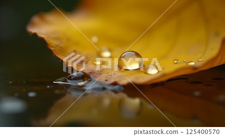 Autumnal Leaf Adorned with Crystalline Water Drops 125400570