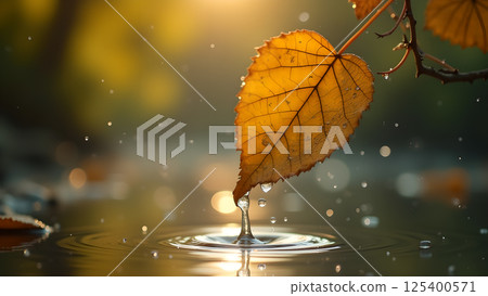 Autumnal Reflection: Leaf Drops into Water Mirror 125400571