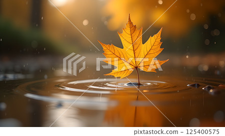 Autumnal Serenity: Maple Leaf in Gentle Rain 125400575