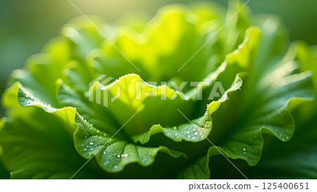 Vibrant Green Lettuce with Dew Drops Close Up 125400651