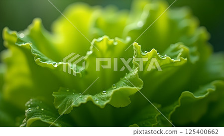 Fresh Green Lettuce with Water Droplets Detail 125400662