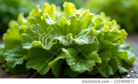 Crisp Green Lettuce Head on Rustic Wooden Surface 125400672