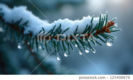 Winter's Touch: Snow and Water on Evergreen Branch 125400679