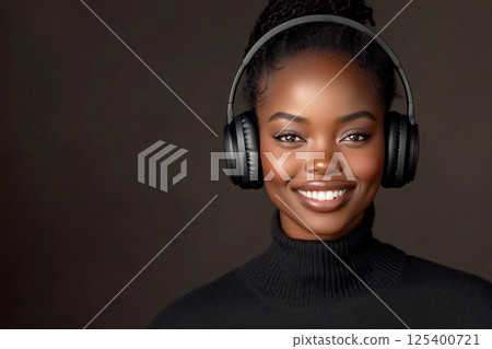 An African American woman happily wearing headphones, with a bright brown background, portrayed in a simple and modern minimalistic style, symbolizing the joy of music or learning An African American woman happily wearing headphones, with a bright brown background, portrayed in a simple and modern minimalistic style, symbolizing the joy of music or learning 125400721