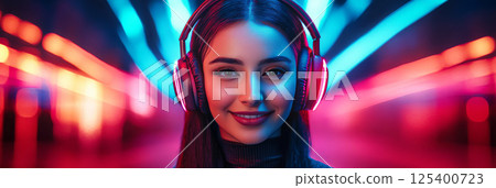 A smiling Latin girl with headphones, neon pink background, representing a love for music and online learning, perfect for tech or educational content, banner A smiling Latin girl with headphones, neon pink background, representing a love for music and online learning, perfect for tech or educational content, banner 125400723