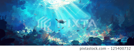 A serene turtle swims near a colorful coral reef in clear blue water, with vibrant corals and tropical fish around it, sunlight filtering through the ocean surface for a tranquil vibe, banner 125400732