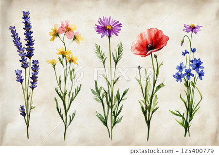 A botanical watercolor illustration of wildflowers Lavender, Cornflower, Daisy, Bluebell, Poppy, and Edelweiss isolated on an old paper background, featuring soft pastel colors in a minimalist style 125400779