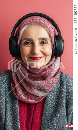 The joyful Arab grandma, wearing headphones, smiles softly against a pink background, creating a serene and modern minimalist mock-up 125400783