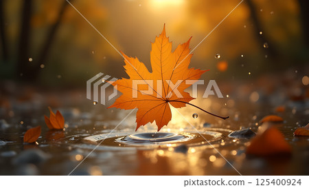 Autumn Leaf Gently Touching Rippling Puddle Surface 125400924