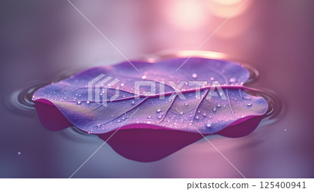 Leaf serenely floats atop tranquil water surface 125400941