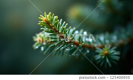 Evergreen Sprig Adorned with Sparkling Water Drops Evergreen Sprig Adorned with Sparkling Water Drops 125400950
