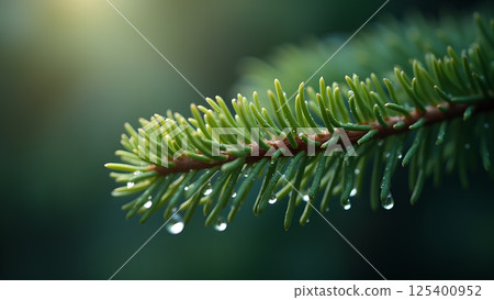 Fresh Spruce Branch with Glistening Water Droplets 125400952