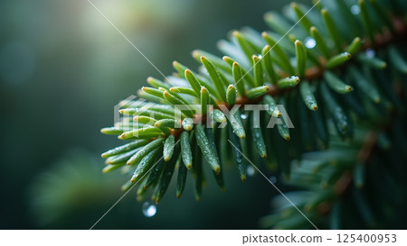 Fresh Evergreen Branch with Raindrops Closeup Fresh Evergreen Branch with Raindrops Closeup 125400953