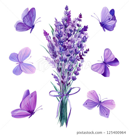 Watercolor lavender bouquet with flying purple butterflies isolated on white for floral design and decor, Lilac clipart 125400964